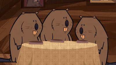 Three Cartoon Beavers Sit At A Table With A Patterned Tablecloth GIF