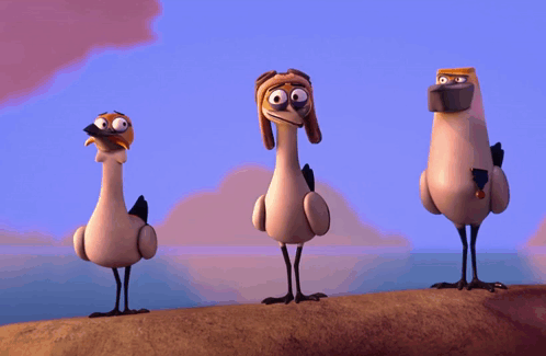 Three Cartoon Birds Standing on Rock
