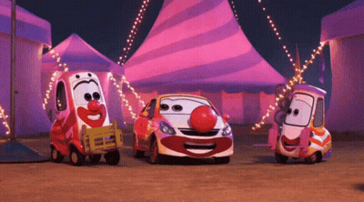 Three Cartoon Cars With Clown Noses Are Standing In Front Of A Circus Tent GIF