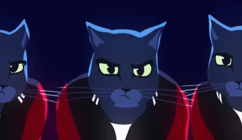Three Cartoon Cats Are Standing Next To Each Other GIF