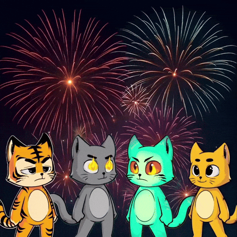 Three Cartoon Cats Standing In Front Of Fireworks GIF