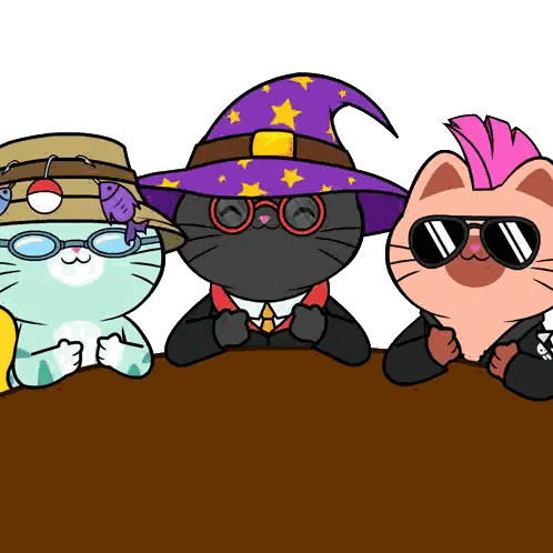 Three Cartoon Cats Wearing Hats And Sunglasses Are Standing Next To Each Other Sticker