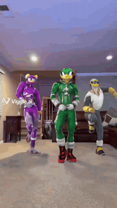 Three Cartoon Characters Are Dancing In A Living Room GIF
