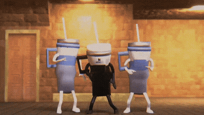 Three Cartoon Characters Are Dancing In Front Of A Wall With A Sign That Says " Contact " GIF