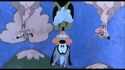 Three Cartoon Characters Are Hanging Upside Down With Their Mouths Open GIF