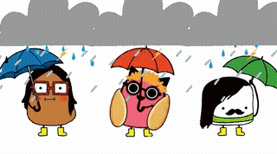 Three Cartoon Characters Are Holding Umbrellas In A Rain Storm GIF