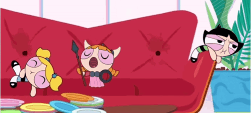 Three Cartoon Characters Are Laying On A Red Couch . GIF