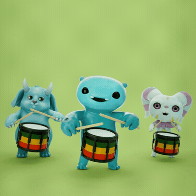 Three Cartoon Characters Are Playing Drums On A Green Surface GIF
