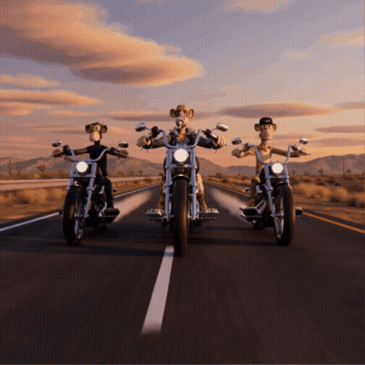 three cartoon characters are riding motorcycles down a desert highway