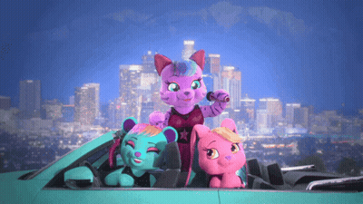 Three Cartoon Characters Are Sitting In A Car With A City Skyline In The Background GIF