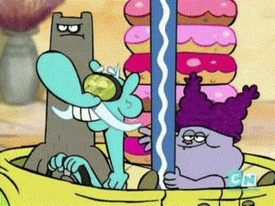 Three Cartoon Characters Are Sitting In A Yellow Car With Cn Written On The Bottom GIF