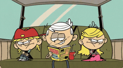 Three Cartoon Characters Are Sitting In The Back Seat Of A Car Reading Corny 'S GIF