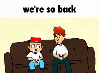 Three Cartoon Characters Are Sitting On A Couch With The Words We 'Re So Back Above Them GIF