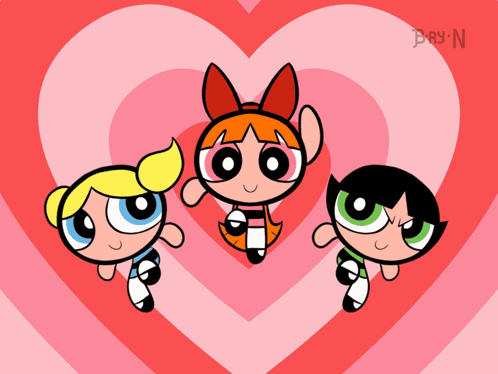Three Cartoon Characters Are Standing In Front Of A Pink Heart GIF