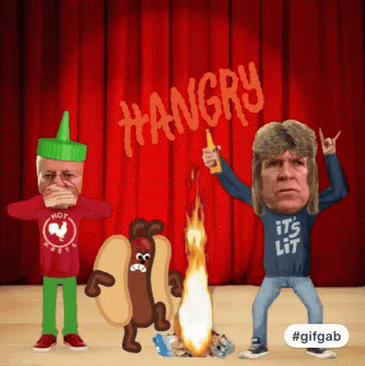 Three Cartoon Characters Are Standing In Front Of A Red Curtain And The Word Hangry Is Written On It GIF