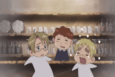 Three Cartoon Characters Are Standing In Front Of A Shelf Of Bottles GIF