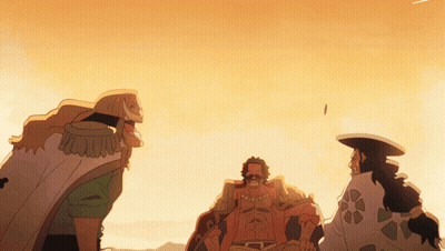 Three Cartoon Characters Are Standing In Front Of A Yellow Sky GIF