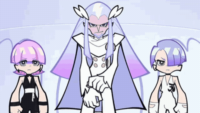 Three Cartoon Characters Are Standing Next To Each Other And One Has A Purple Haircut GIF