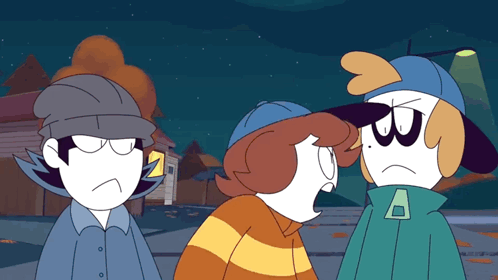 Three Cartoon Characters Are Standing Next To Each Other And One Of Them Has The Letter B On His Jacket GIF