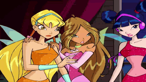 Three Cartoon Characters Are Standing Next To Each Other And One Of Them Is Wearing A Pink Dress GIF