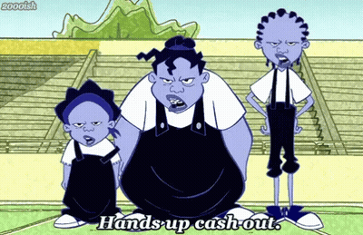 Three Cartoon Characters Are Standing Next To Each Other And The Caption Hands Up Cash Out GIF