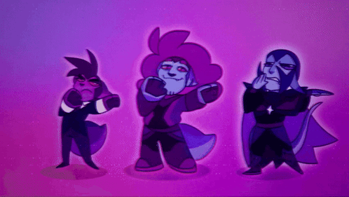 Three Cartoon Characters Are Standing Next To Each Other In A Purple Background GIF