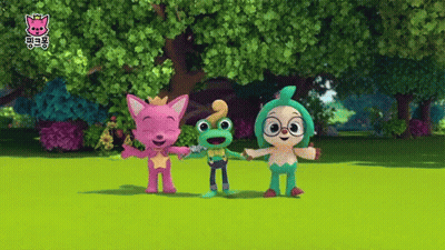 Three Cartoon Characters Are Standing Next To Each Other On A Grassy Field With Trees In The Background GIF