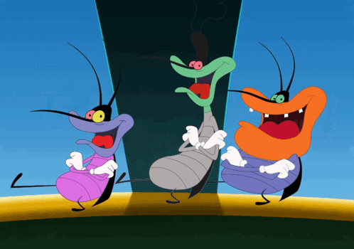 Three Cartoon Characters Are Standing Next To Each Other GIF