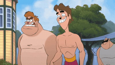 Three Cartoon Characters Are Standing Next To Each Other GIF