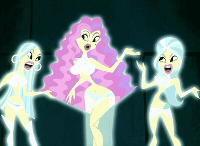 Three Cartoon Characters Are Standing Next To Each Other With One Of Them Having Pink Hair GIF
