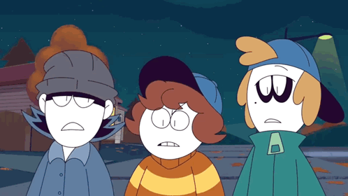 Three Cartoon Characters Are Standing Next To Each Other With One Wearing A Hat With The Letter B On It GIF