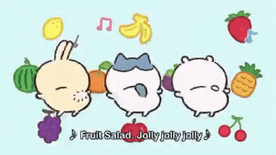 Three Cartoon Characters Are Standing Next To Each Other With The Words " Fruit Salad Jolly Jolly Jolly " Written Below  GIF