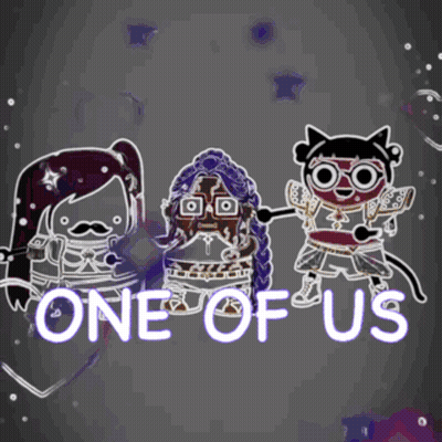 Three Cartoon Characters Are Standing Next To Each Other With The Words One Of Us Above Them GIF
