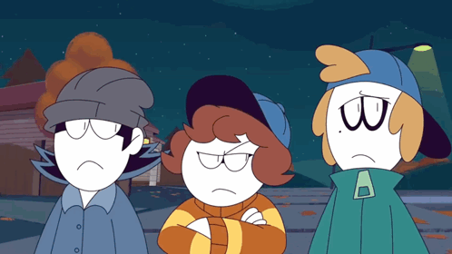 Three Cartoon Characters Are Standing Next To Each Other With Their Arms Crossed And One Has The Letter W On His Head GIF