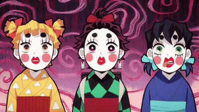 Three Cartoon Characters Are Standing Next To Each Other With Their Faces Painted In Different Colors GIF
