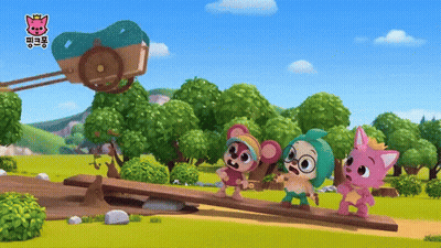 Three Cartoon Characters Are Walking Across A Wooden Bridge In A Field With Trees And A Pink Cat In The Background GIF