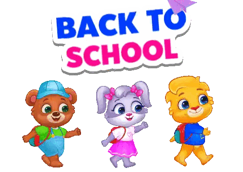 Three Cartoon Characters Are Walking In Front Of A Sign That Says " Back To School " Sticker