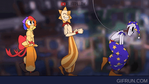 Three Cartoon Characters Are Walking With A Gif Run.com Watermark On The Bottom Right GIF