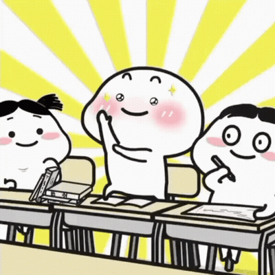 Three Cartoon Characters At Desks In Yellow Classroom GIF