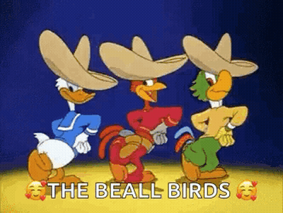Three Cartoon Characters , Donald Duck , Woody Woodpecker And A Rooster , Are Dancing Together . GIF