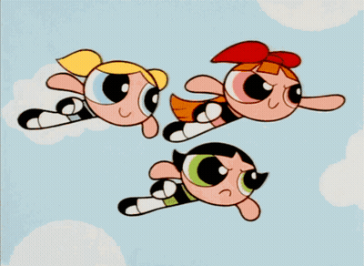 Three Cartoon Characters Flying In Sky GIF