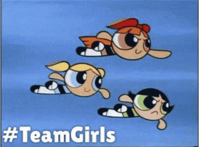 Three Cartoon Characters Flying With Team Girls GIF