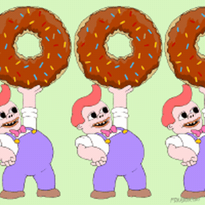 Three Cartoon Characters Holding Donuts In Their Hands GIF