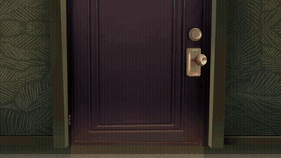 Three Cartoon Characters In Doorway With Scissors Shirt GIF
