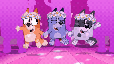 Three Cartoon Characters In Flower Crowns Dancing GIF