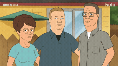 Three Cartoon Characters In Front Of Hulu Building GIF