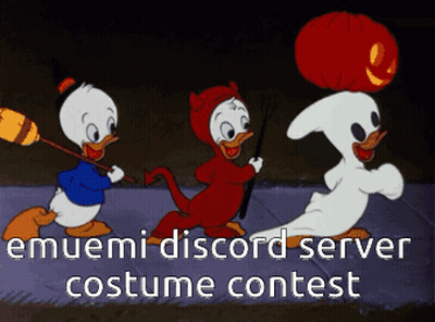 Three Cartoon Characters In Halloween Costumes Muemi Discord Server Costume Contest GIF
