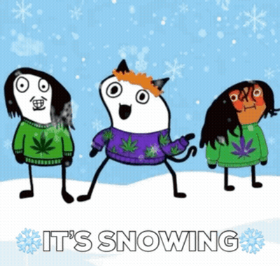 Three Cartoon Characters In Snow Saying It's Snowing GIF