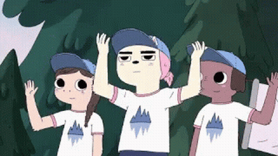 Three Cartoon Characters In White Shirts With Mountains Waving GIF