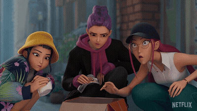 Three Cartoon Characters Looking At A Box With Netflix Written On The Bottom Right GIF